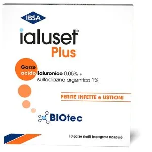 GARZA IALUSET PLUS IMPREGNATA DI CREMA DI ACIDO IALURONICO 0,05%, DI SULFADIAZINA ARGENTICA 1%, MACROGOL, GLICEROLO E ACQUA 10 X 10 CM 10 PEZZI