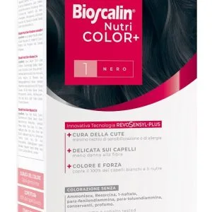 BIOSCALIN NUTRICOLOR PLUS 1 NERO CREMA COLORANTE 40 ML + RIVELATORE CREMA 60 ML + SHAMPOO 12 ML + TRATTAMENTO FINALE BALSAMO 12 ML