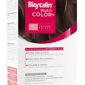 BIOSCALIN NUTRICOLOR PLUS 5 CASTANO CHIARO CREMA COLORANTE 40 ML + RIVELATORE CREMA 60 ML + SHAMPOO 12 ML + TRATTAMENTO FINALE BALSAMO 12 ML