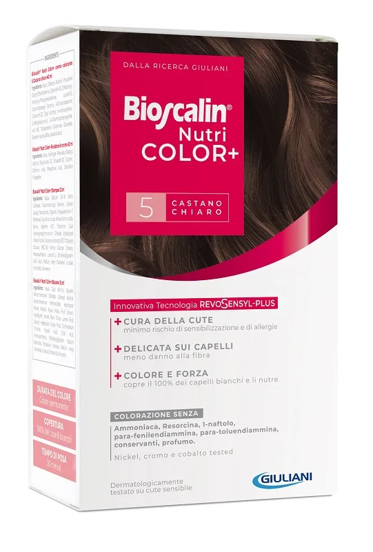 BIOSCALIN NUTRICOLOR PLUS 5 CASTANO CHIARO CREMA COLORANTE 40 ML + RIVELATORE CREMA 60 ML + SHAMPOO 12 ML + TRATTAMENTO FINALE BALSAMO 12 ML