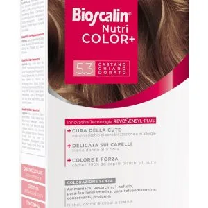 BIOSCALIN NUTRICOLOR PLUS 5,3 CASTANO CHIARO DORATO CREMA COLORANTE 40 ML + RIVELATORE CREMA 60 ML + SHAMPOO 12 ML + TRATTAMENTO FINALE BALSAMO 12 ML