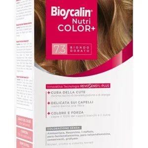 BIOSCALIN NUTRICOLOR PLUS 7,3 BIONDO DORATO CREMA COLORANTE 40 ML + RIVELATORE CREMA 60 ML + SHAMPOO 12 ML + TRATTAMENTO FINALE BALSAMO 12 ML